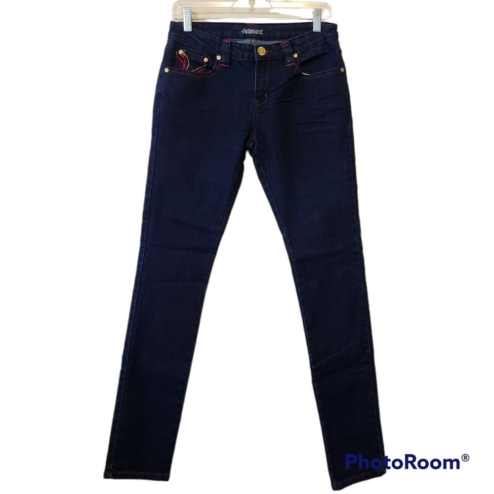 Jeaniest Womens Dark Blue Jeans Sz 7 Red and Gold Embroidered Pockets Stretch